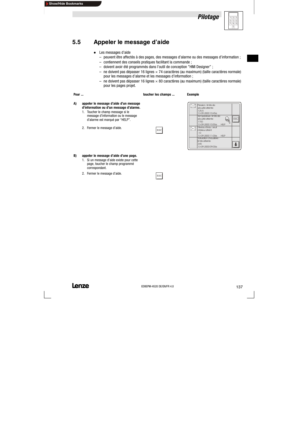 5 appeler le message d'aide, Appeler le message d’aide, Pilotage | 5 appeler le message d’aide | Lenze EPM-H520 User Manual | Page 137 / 148
