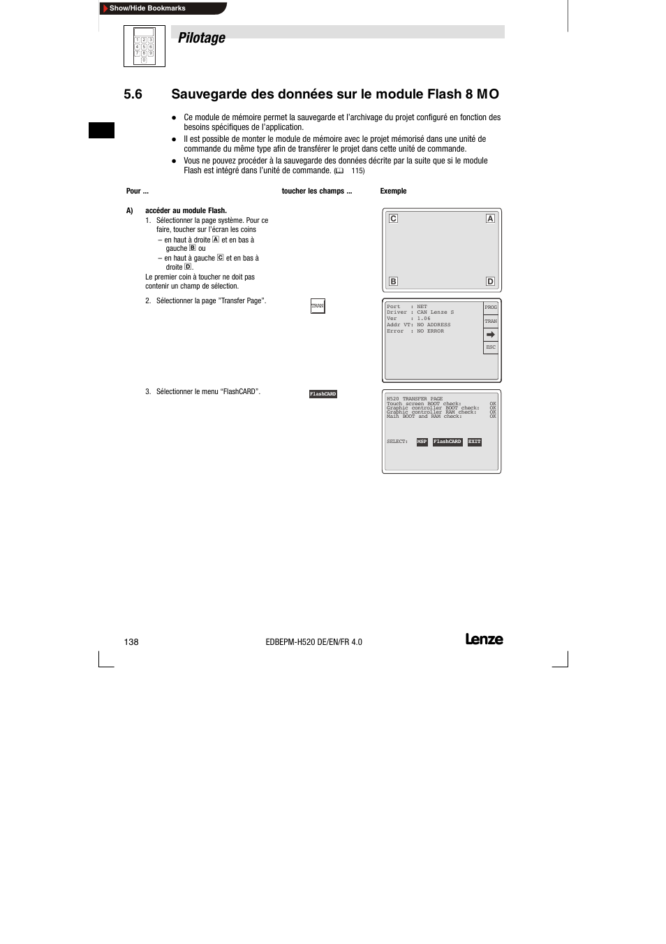 6 sauvegarde des données sur le module flash 8 mo, Sauvegarde des données sur le module flash 8 mo, Pilotage | Lenze EPM-H520 User Manual | Page 138 / 148