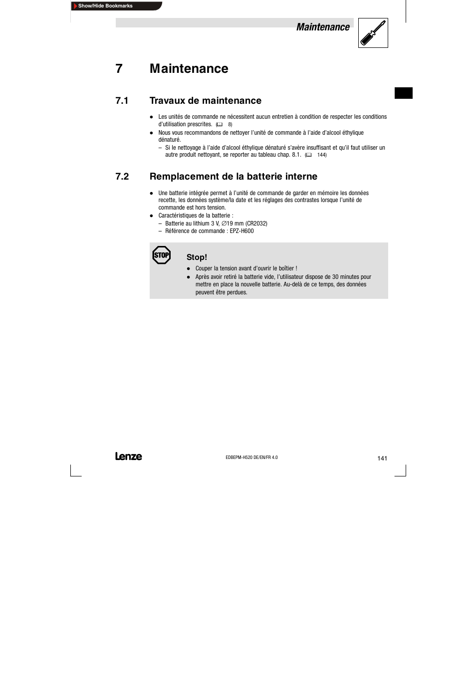 7 maintenance, 1 travaux de maintenance, 2 remplacement de la batterie interne | Travaux de maintenance, Remplacement de la batterie interne, 7maintenance, Maintenance | Lenze EPM-H520 User Manual | Page 141 / 148