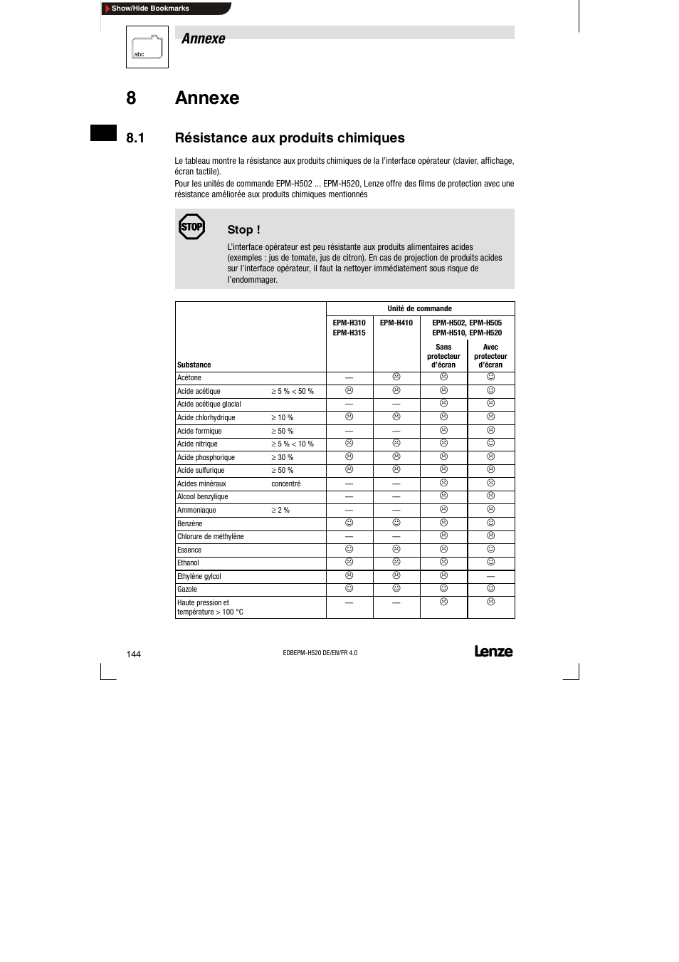 8 annexe, 1 résistance aux produits chimiques, Résistance aux produits chimiques | 8annexe, Annexe | Lenze EPM-H520 User Manual | Page 144 / 148