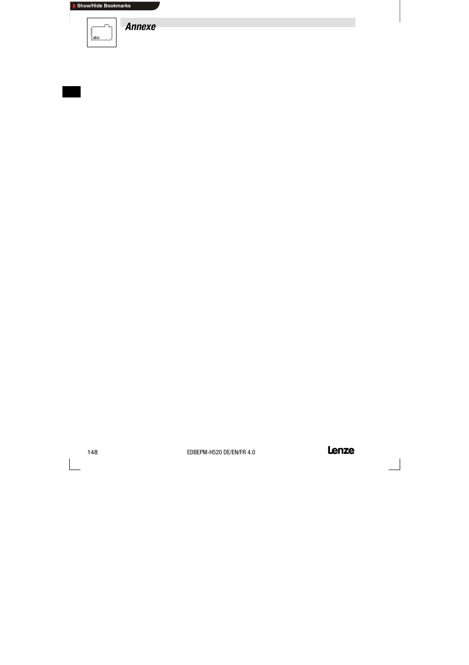 Annexe | Lenze EPM-H520 User Manual | Page 148 / 148