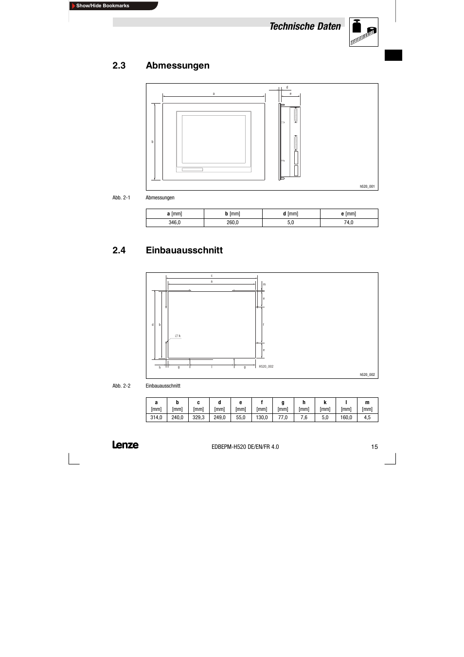 3 abmessungen, 4 einbauausschnitt, Abmessungen | Einbauausschnitt, Technische daten | Lenze EPM-H520 User Manual | Page 15 / 148