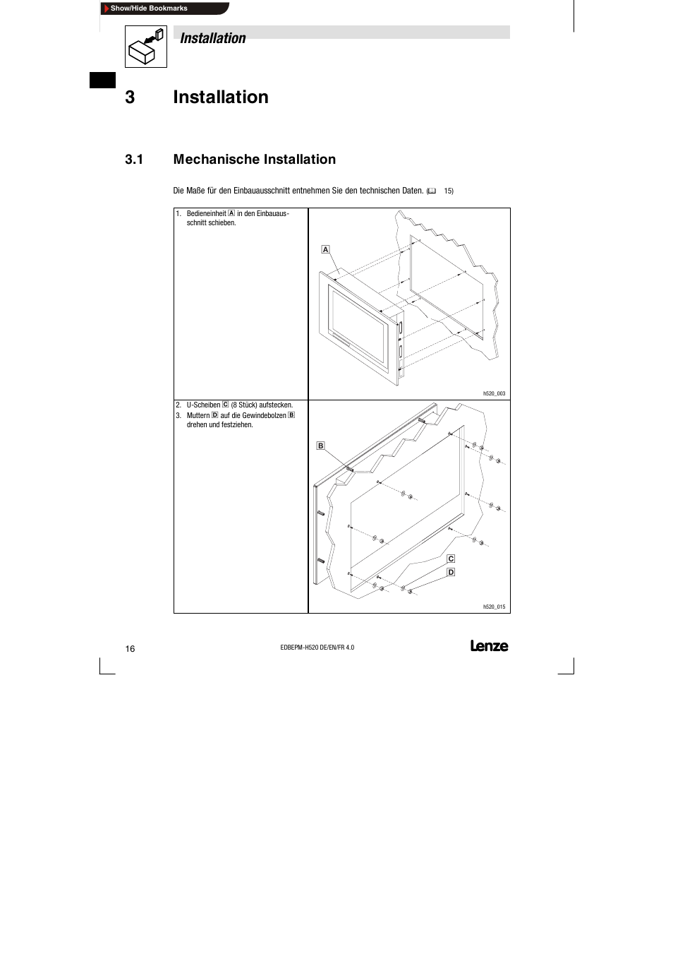 3 installation, 1 mechanische installation, Mechanische installation | 3installation, Installation | Lenze EPM-H520 User Manual | Page 16 / 148