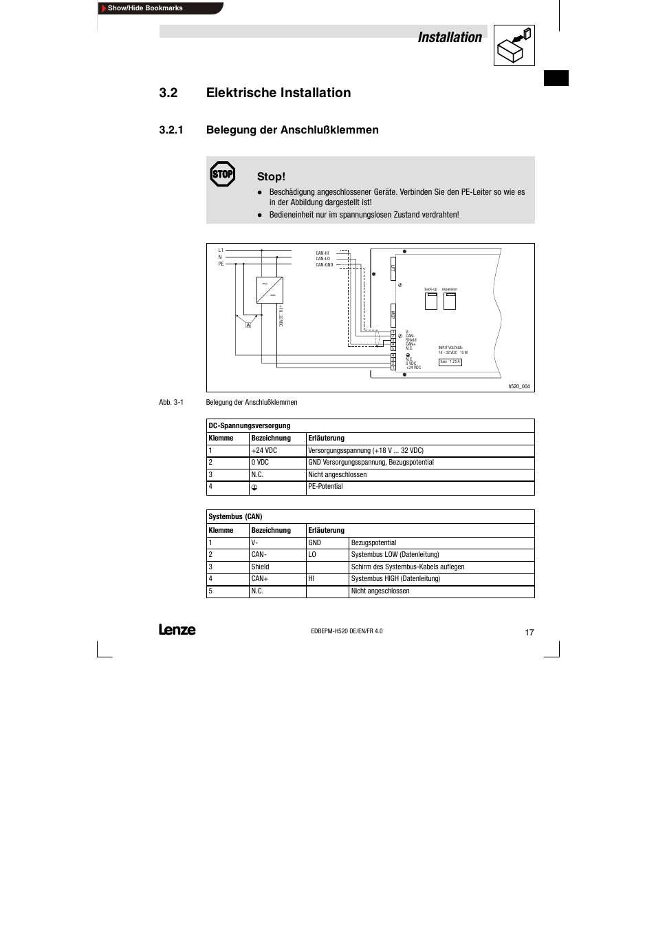 2 elektrische installation, 1 belegung der anschlußklemmen, Elektrische installation | Belegung der anschlußklemmen, Installation, Stop | Lenze EPM-H520 User Manual | Page 17 / 148
