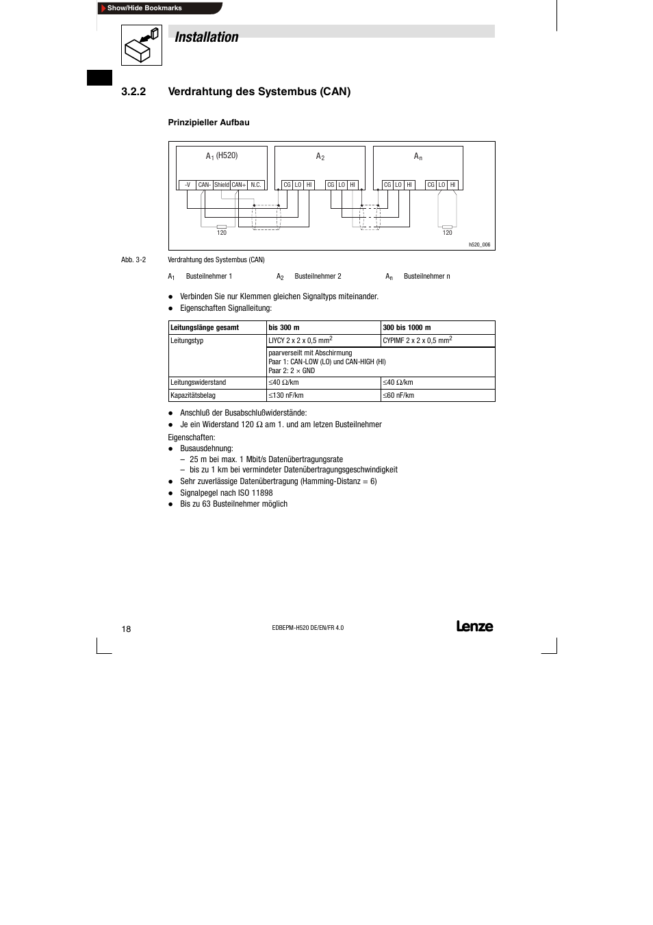 2 verdrahtung des systembus (can), Verdrahtung des systembus (can), Installation | Lenze EPM-H520 User Manual | Page 18 / 148