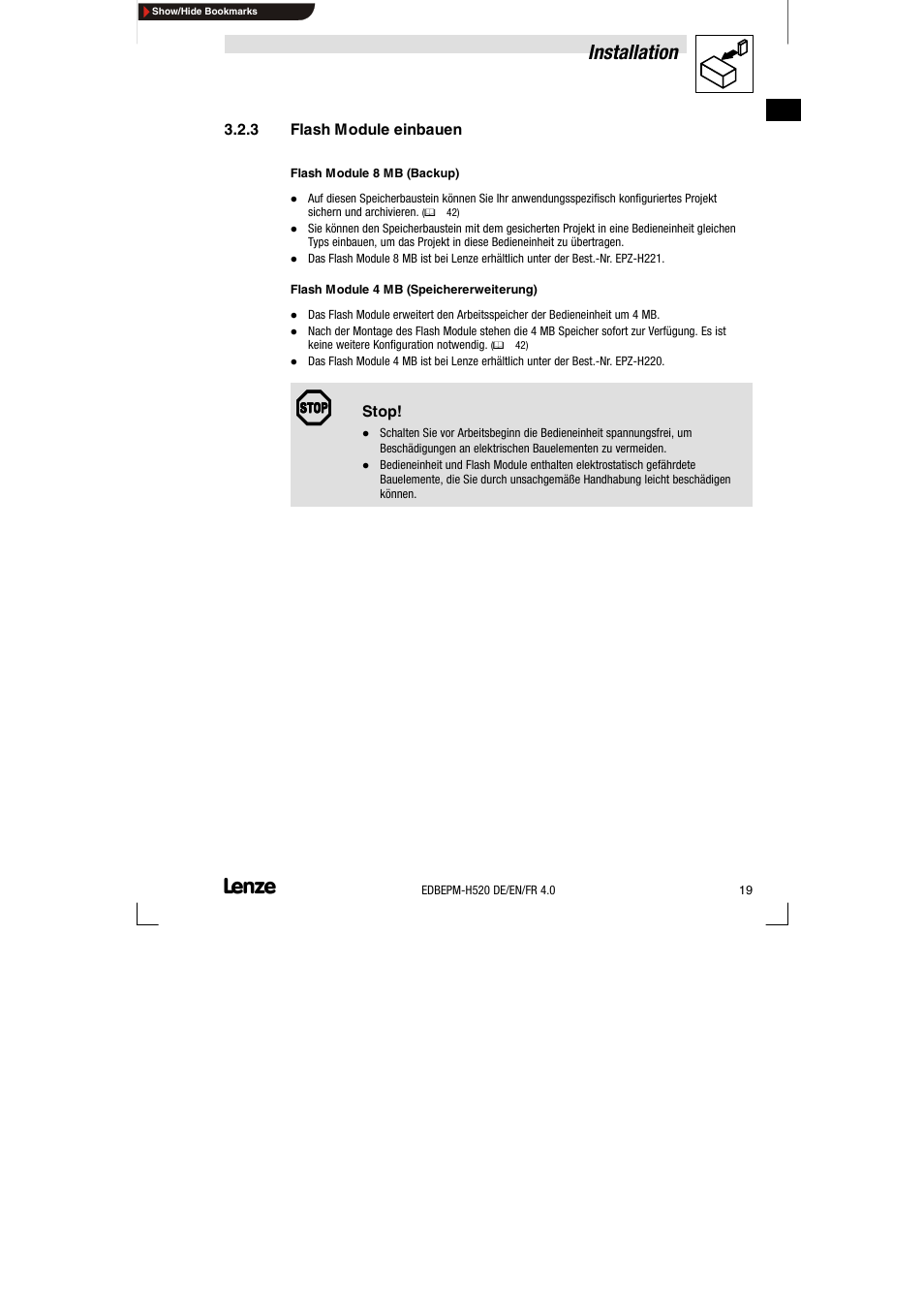 3 flash module einbauen, Flash module einbauen, Installation | Lenze EPM-H520 User Manual | Page 19 / 148