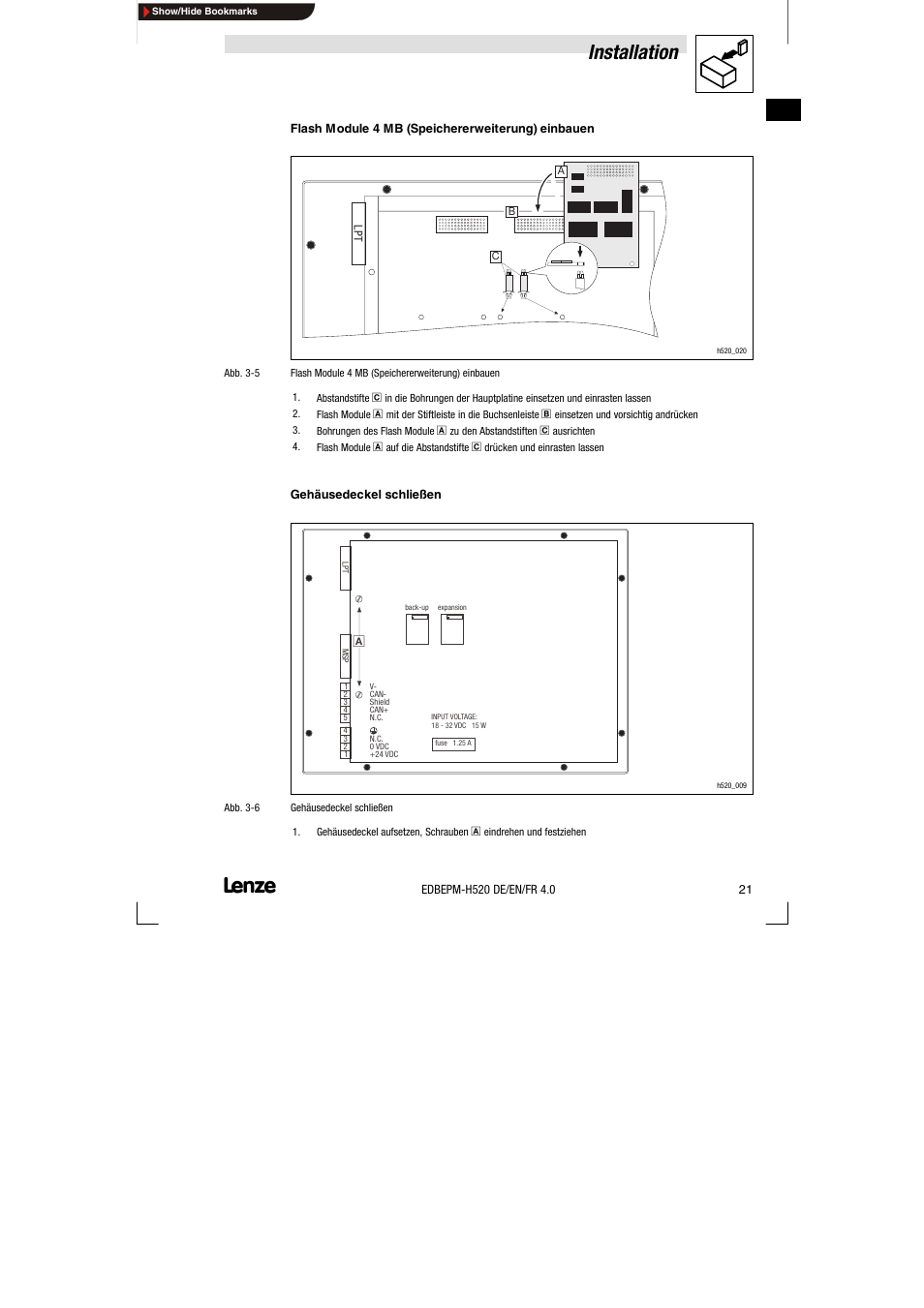 Installation | Lenze EPM-H520 User Manual | Page 21 / 148