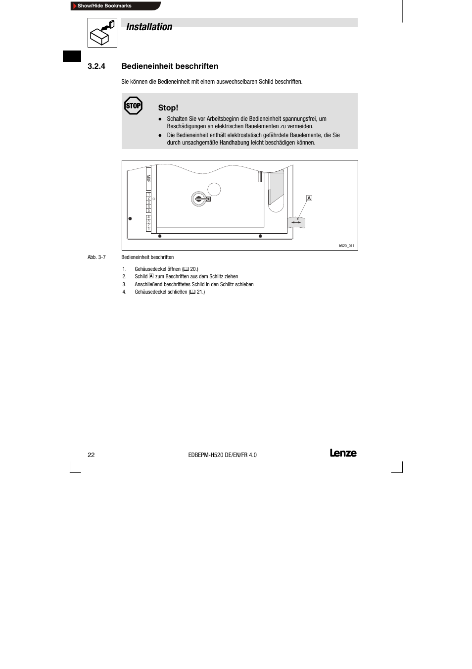 4 bedieneinheit beschriften, Bedieneinheit beschriften, Installation | Lenze EPM-H520 User Manual | Page 22 / 148