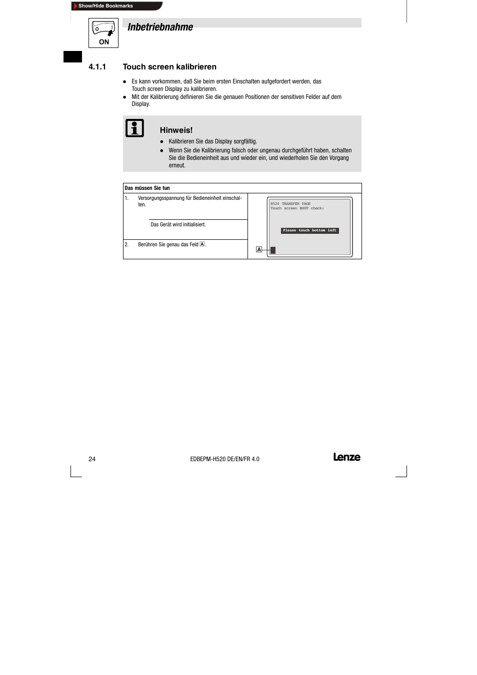 1 touch screen kalibrieren, Touch screen kalibrieren, Inbetriebnahme | Lenze EPM-H520 User Manual | Page 24 / 148