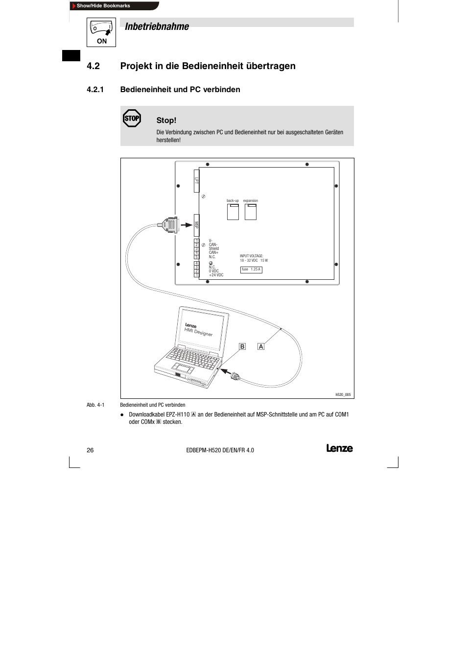 2 projekt in die bedieneinheit übertragen, 1 bedieneinheit und pc verbinden, Projekt in die bedieneinheit übertragen | Bedieneinheit und pc verbinden, Inbetriebnahme | Lenze EPM-H520 User Manual | Page 26 / 148