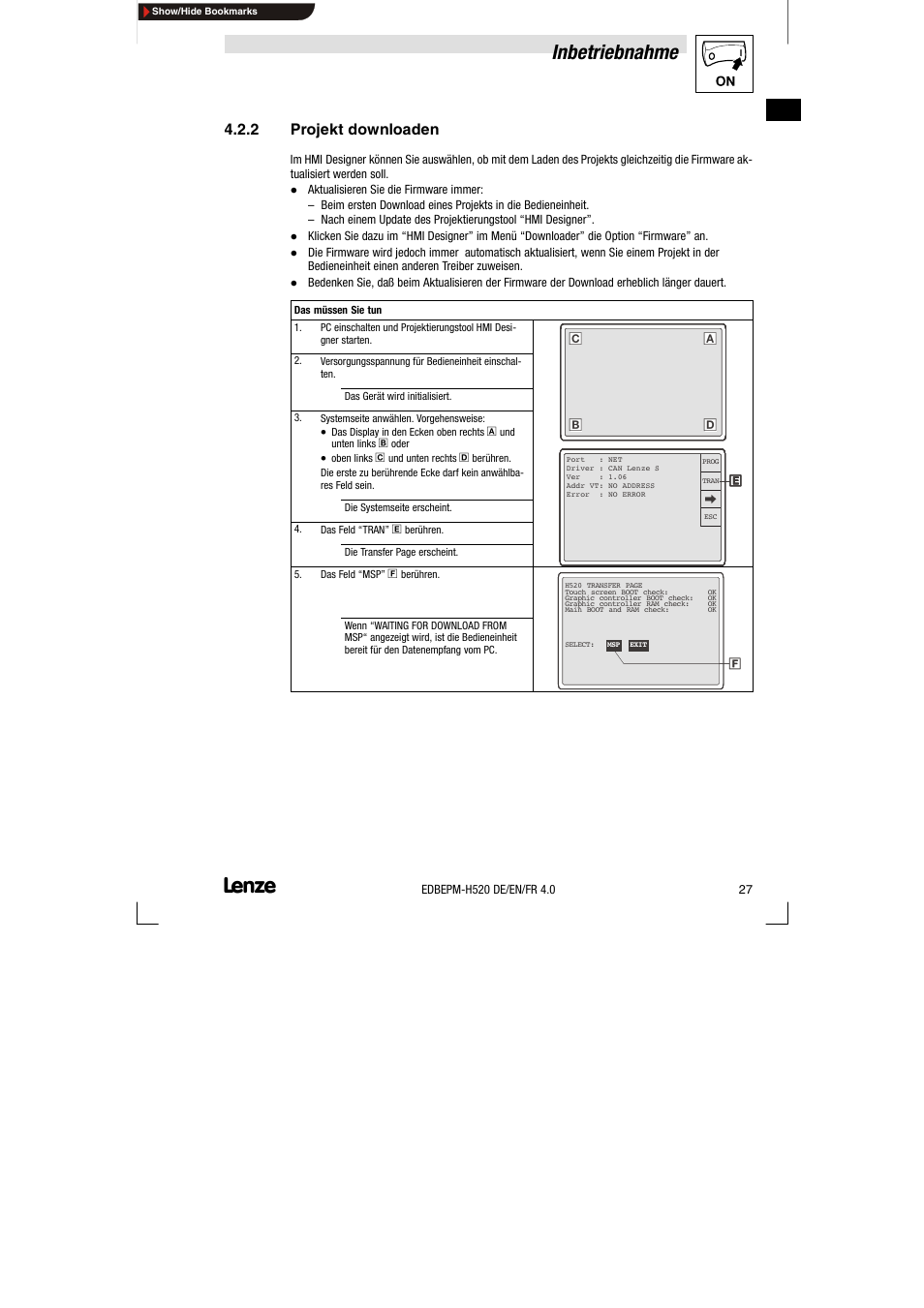 2 projekt downloaden, Projekt downloaden, Inbetriebnahme | Lenze EPM-H520 User Manual | Page 27 / 148