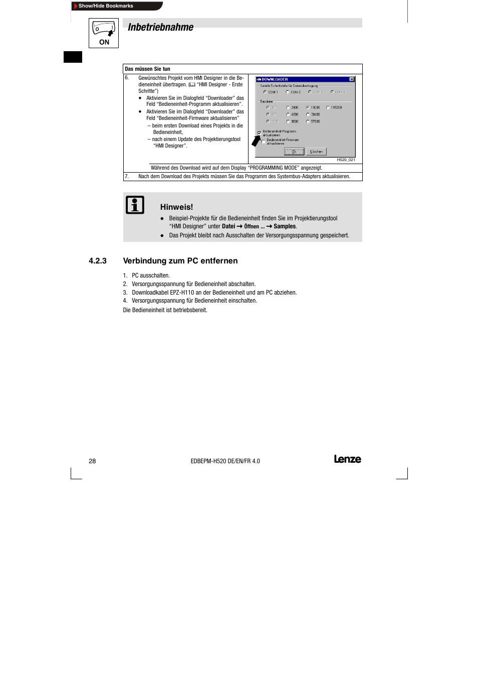3 verbindung zum pc entfernen, Verbindung zum pc entfernen, Inbetriebnahme | Lenze EPM-H520 User Manual | Page 28 / 148