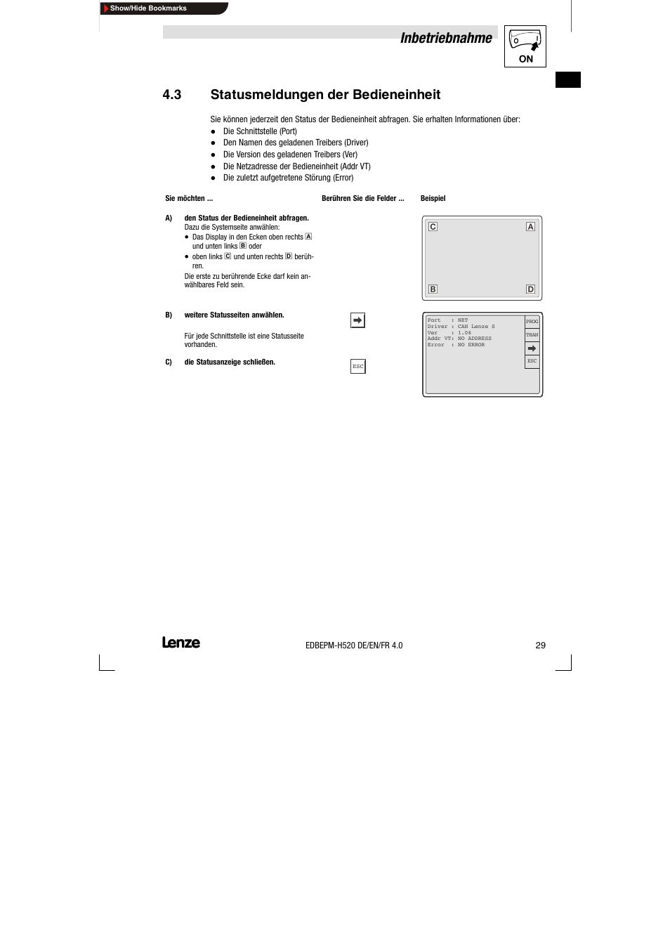 3 statusmeldungen der bedieneinheit, Statusmeldungen der bedieneinheit, Inbetriebnahme | Lenze EPM-H520 User Manual | Page 29 / 148