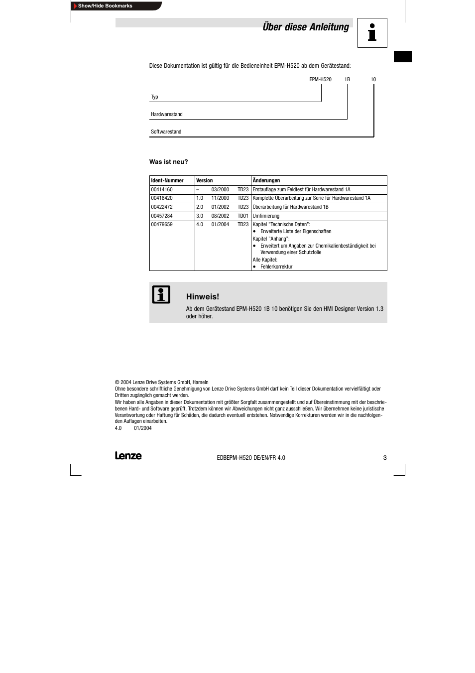Über diese anleitung | Lenze EPM-H520 User Manual | Page 3 / 148