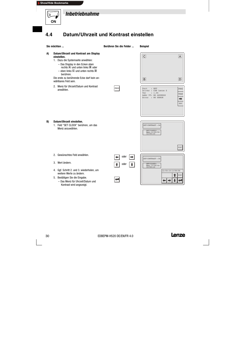 4 datum/uhrzeit und kontrast einstellen, Datum/uhrzeit und kontrast einstellen, Inbetriebnahme | Lenze EPM-H520 User Manual | Page 30 / 148