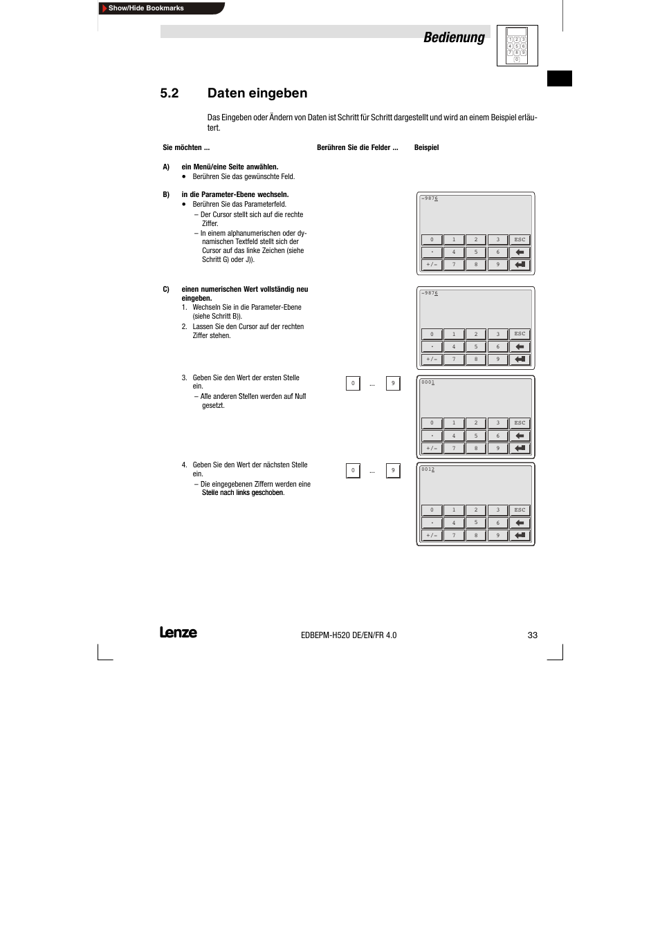 2 daten eingeben, Daten eingeben, Bedienung | Lenze EPM-H520 User Manual | Page 33 / 148