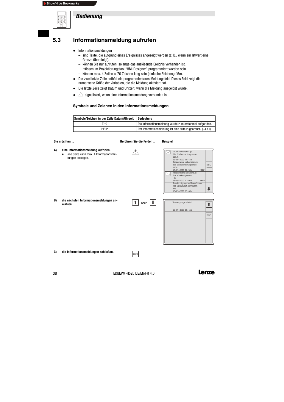 3 informationsmeldung aufrufen, Informationsmeldung aufrufen, Bedienung | Lenze EPM-H520 User Manual | Page 38 / 148
