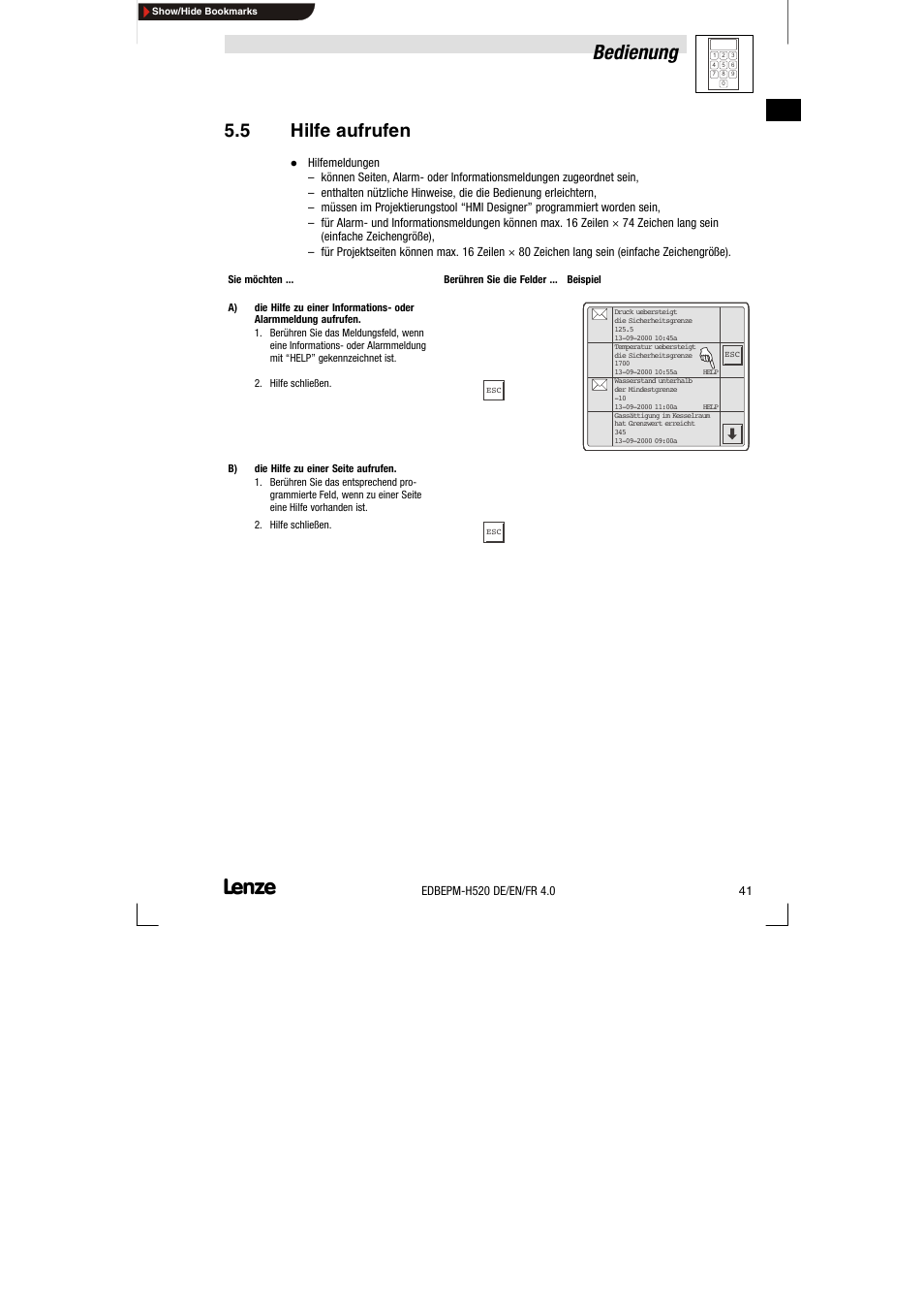 5 hilfe aufrufen, Hilfe aufrufen, Bedienung | Lenze EPM-H520 User Manual | Page 41 / 148