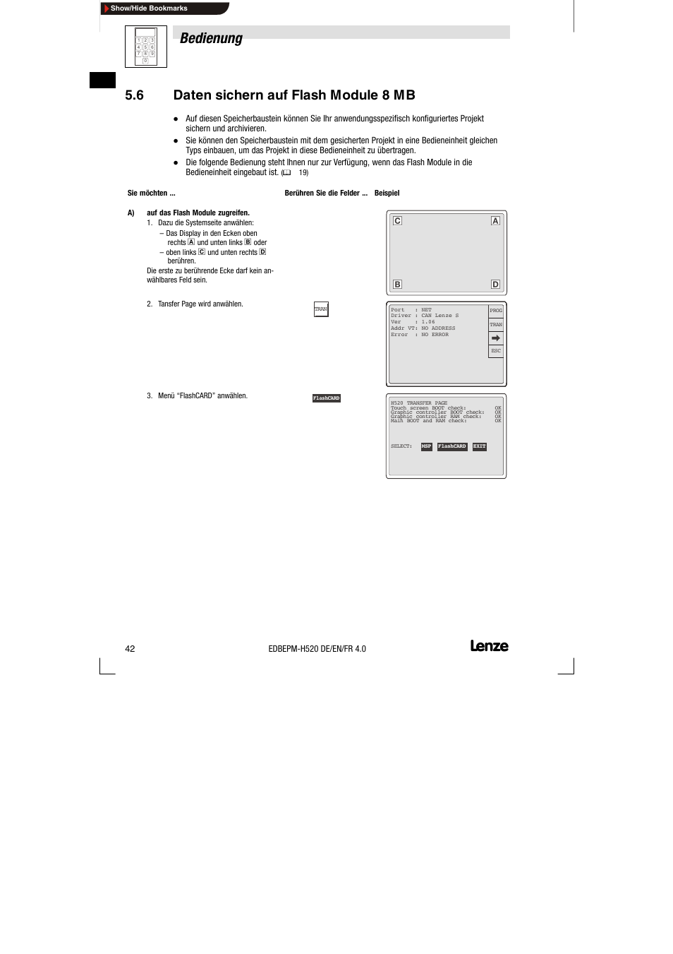 6 daten sichern auf flash module 8 mb, Daten sichern auf flash module 8 mb, Bedienung | Lenze EPM-H520 User Manual | Page 42 / 148