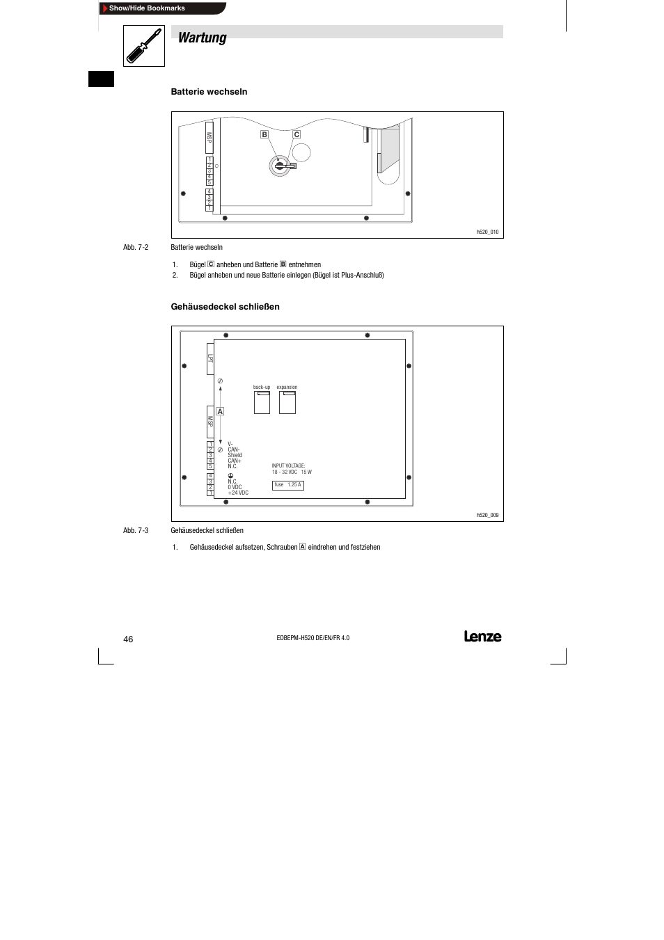 Wartung | Lenze EPM-H520 User Manual | Page 46 / 148