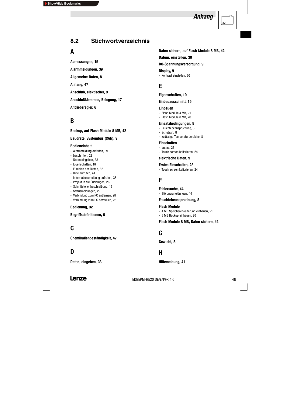 2 stichwortverzeichnis, Stichwortverzeichnis, Anhang | Lenze EPM-H520 User Manual | Page 49 / 148