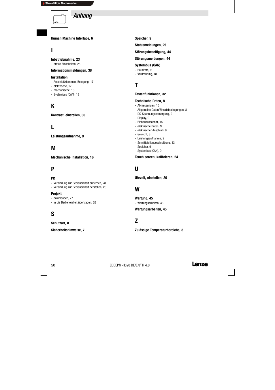 Anhang | Lenze EPM-H520 User Manual | Page 50 / 148
