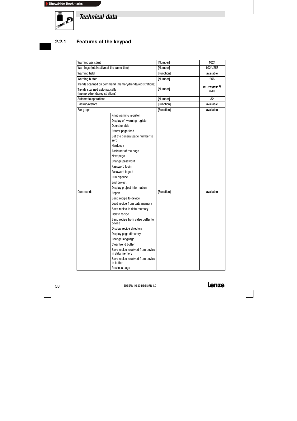 1 features of the keypad, Features of the keypad, Technical data | Lenze EPM-H520 User Manual | Page 58 / 148