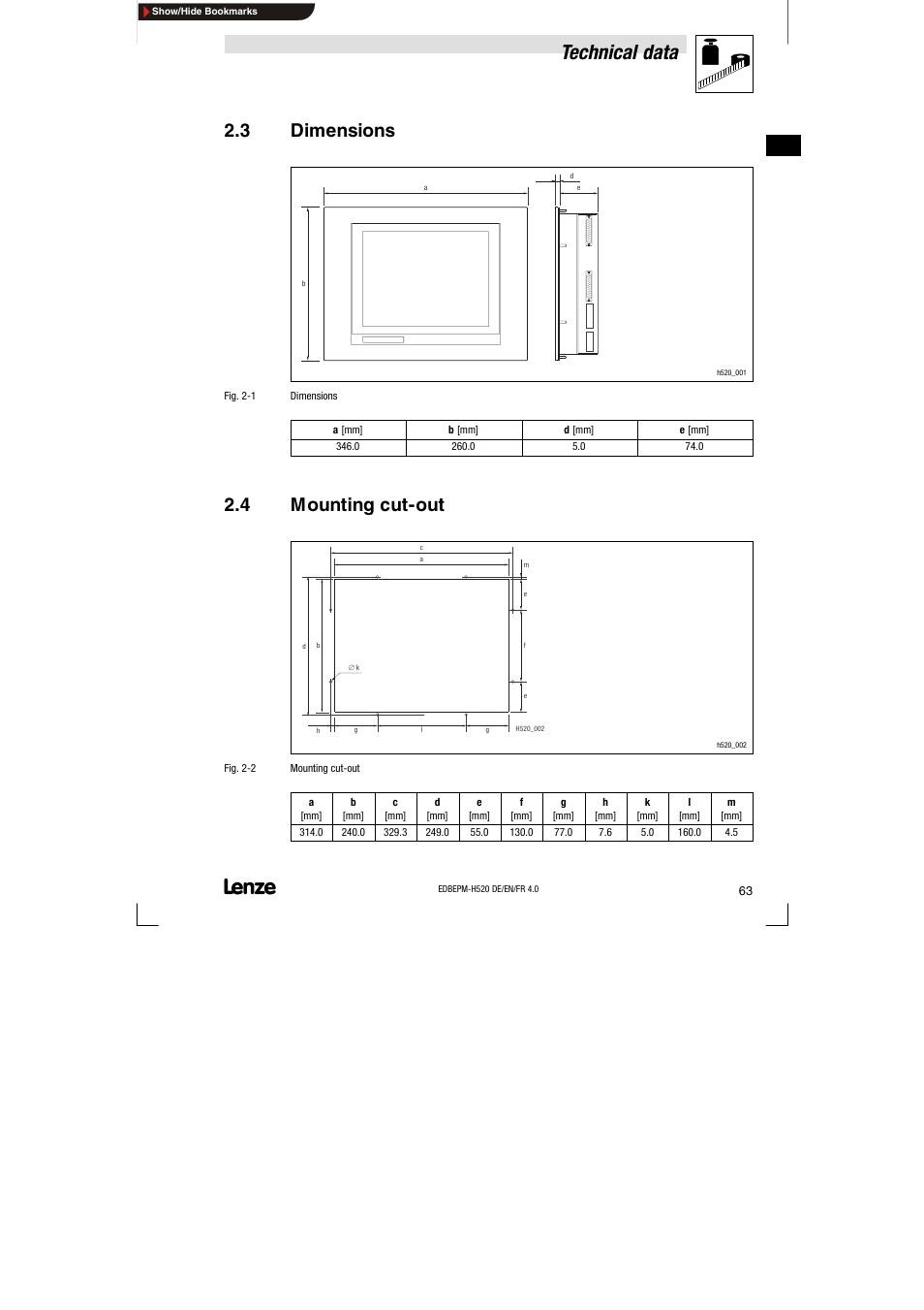 3 dimensions, 4 mounting cut-out, Dimensions | Mounting cut-out, Technical data | Lenze EPM-H520 User Manual | Page 63 / 148