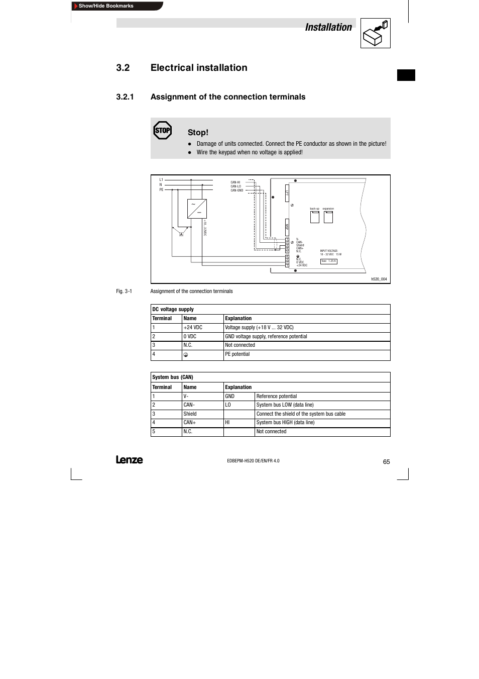 2 electrical installation, 1 assignment of the connection terminals, Electrical installation | Assignment of the connection terminals, Installation, Stop | Lenze EPM-H520 User Manual | Page 65 / 148