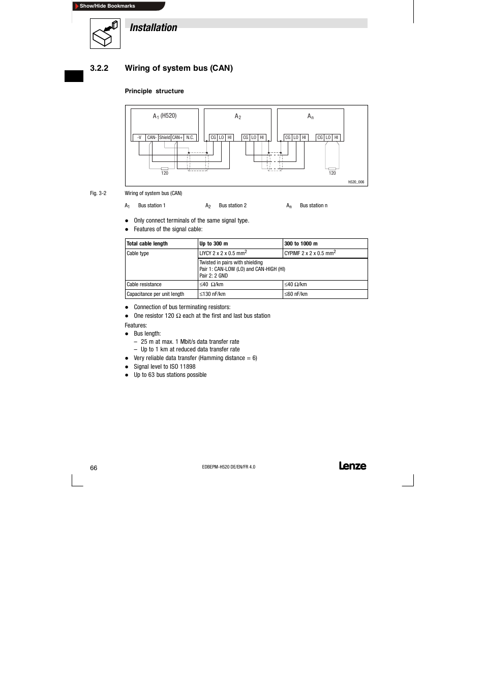 2 wiring of system bus (can), Wiring of system bus (can), Installation | Lenze EPM-H520 User Manual | Page 66 / 148