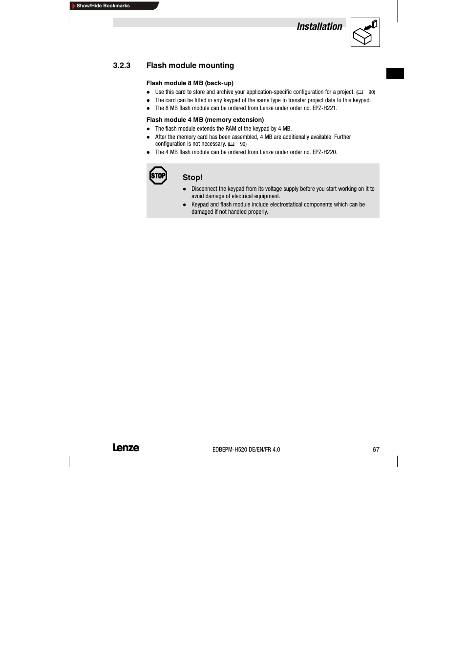 3 flash module mounting, Flash module mounting, Installation | Lenze EPM-H520 User Manual | Page 67 / 148