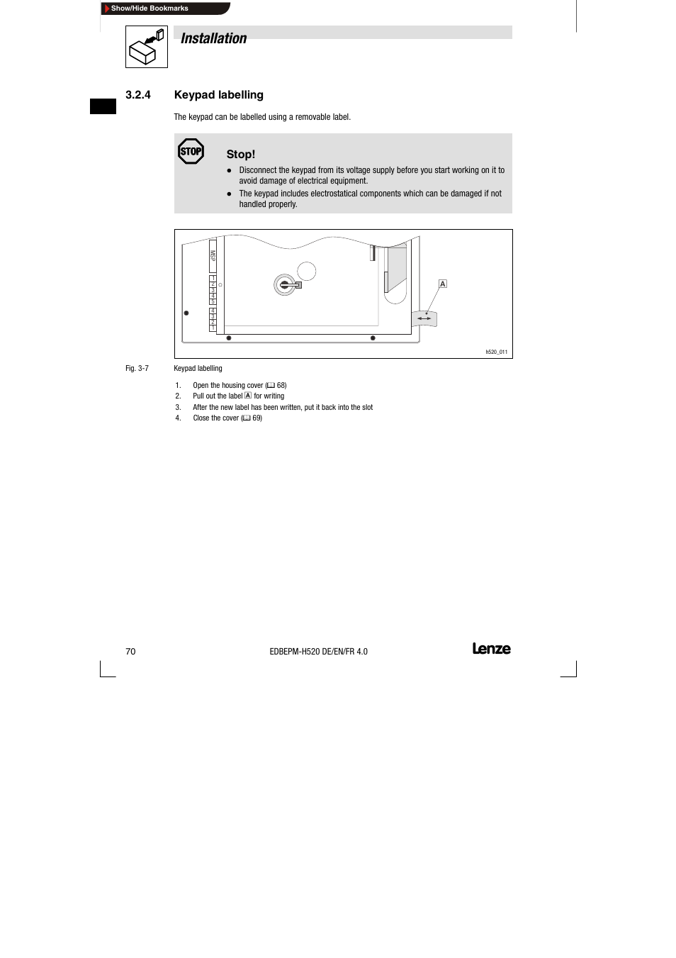 4 keypad labelling, Keypad labelling, Installation | Lenze EPM-H520 User Manual | Page 70 / 148