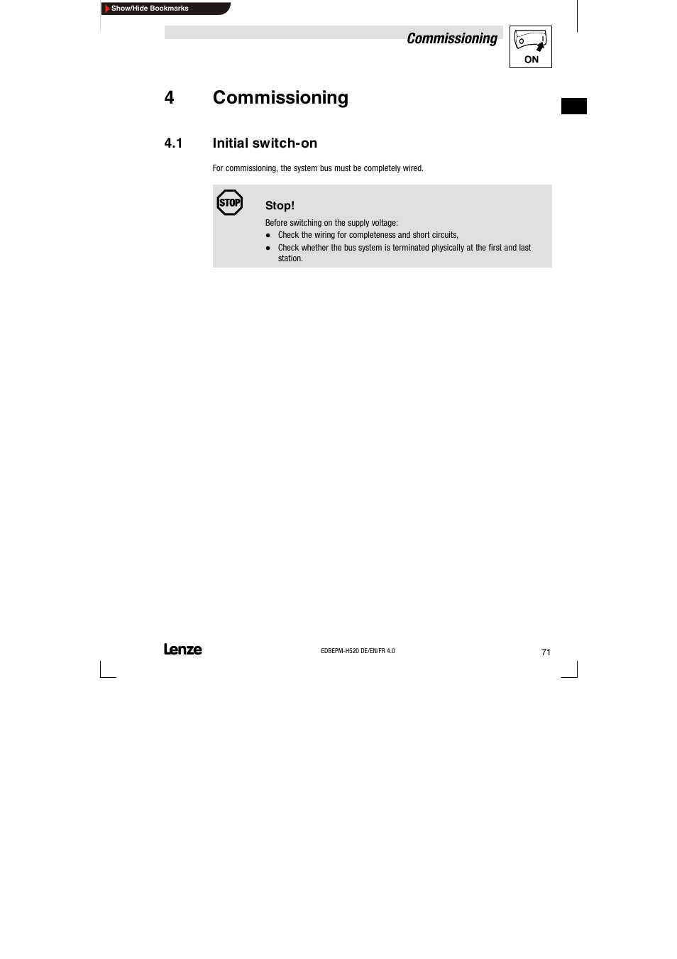 4 commissioning, 1 initial switch-on, Initial switch-on | 4commissioning | Lenze EPM-H520 User Manual | Page 71 / 148