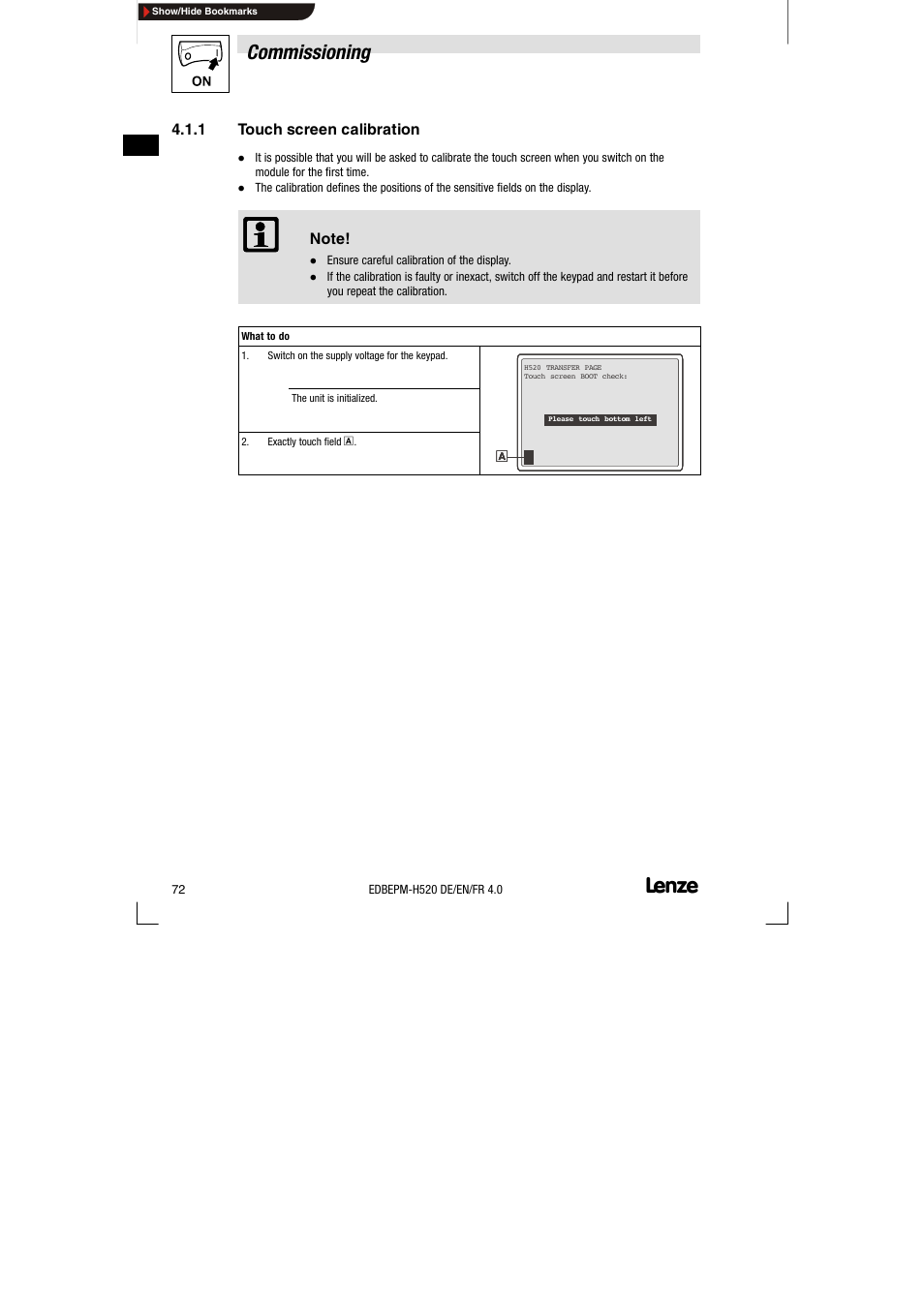 1 touch screen calibration, Touch screen calibration, Commissioning | Lenze EPM-H520 User Manual | Page 72 / 148