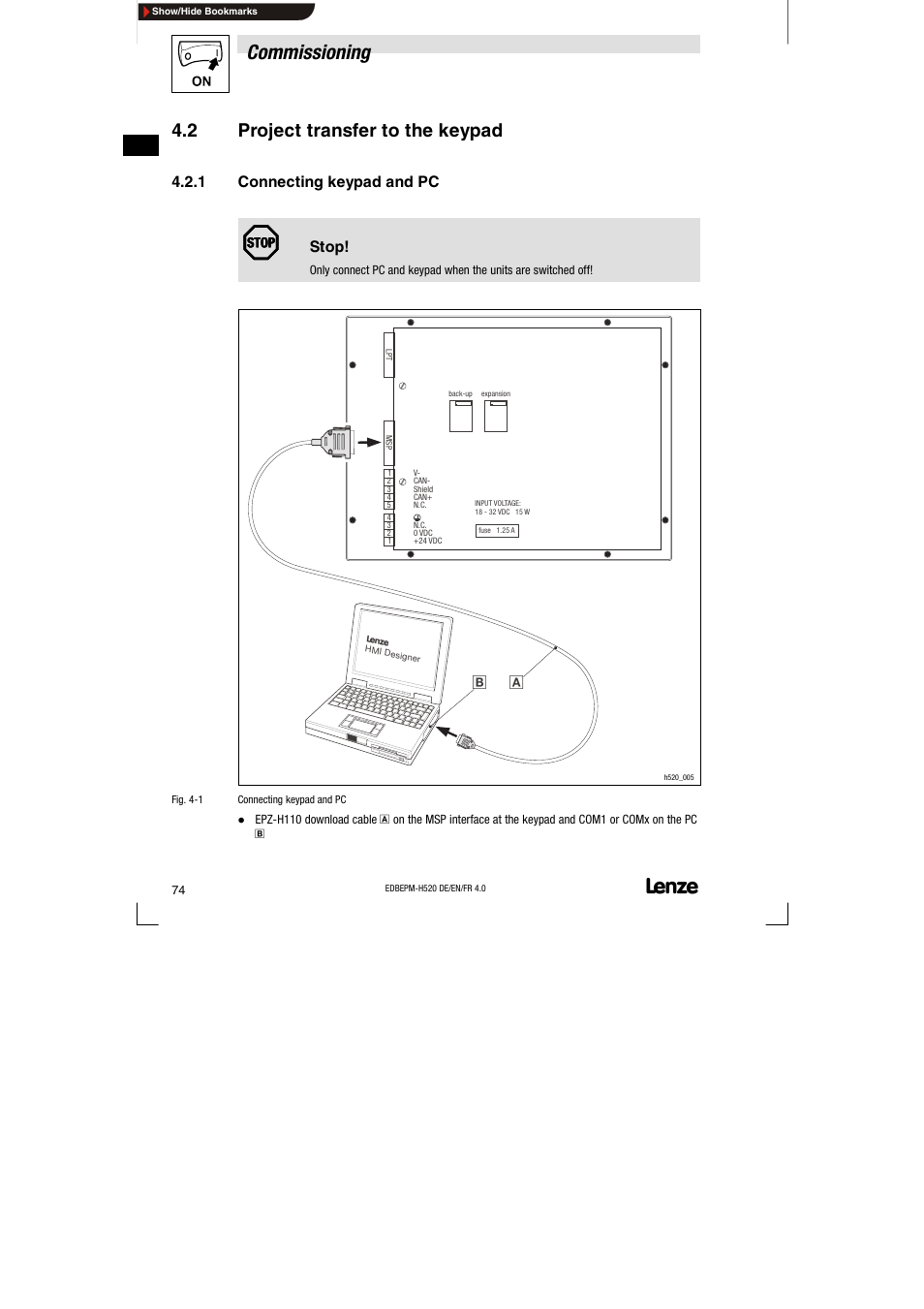 2 project transfer to the keypad, 1 connecting keypad and pc, Project transfer to the keypad | Connecting keypad and pc, Commissioning | Lenze EPM-H520 User Manual | Page 74 / 148