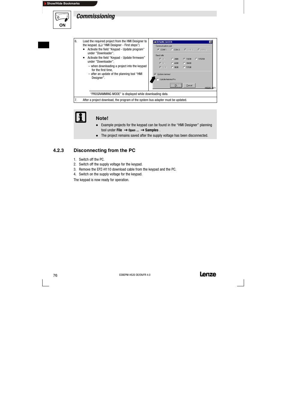 3 disconnecting from the pc, Disconnecting from the pc, Commissioning | Lenze EPM-H520 User Manual | Page 76 / 148