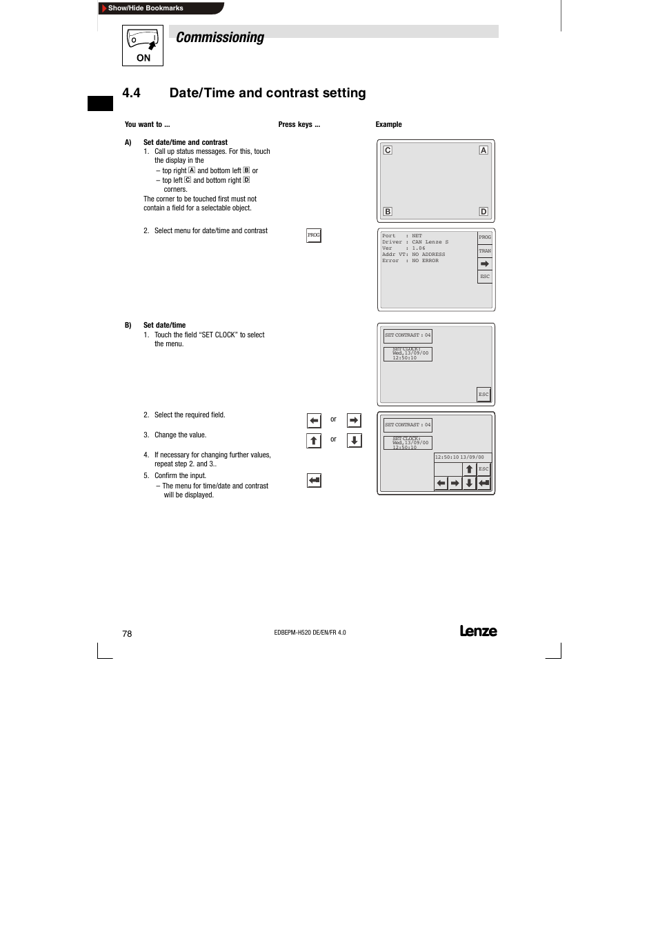 4 date/time and contrast setting, Date/time and contrast setting, Commissioning | Lenze EPM-H520 User Manual | Page 78 / 148