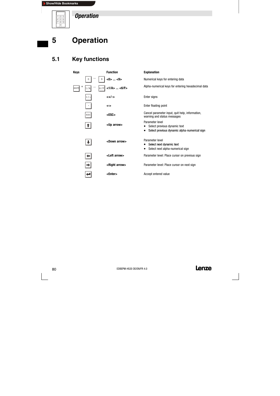 5 operation, 1 key functions, Key functions | 5operation, Operation | Lenze EPM-H520 User Manual | Page 80 / 148