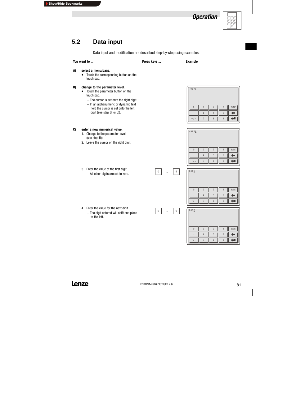 2 data input, Data input, Operation | Lenze EPM-H520 User Manual | Page 81 / 148