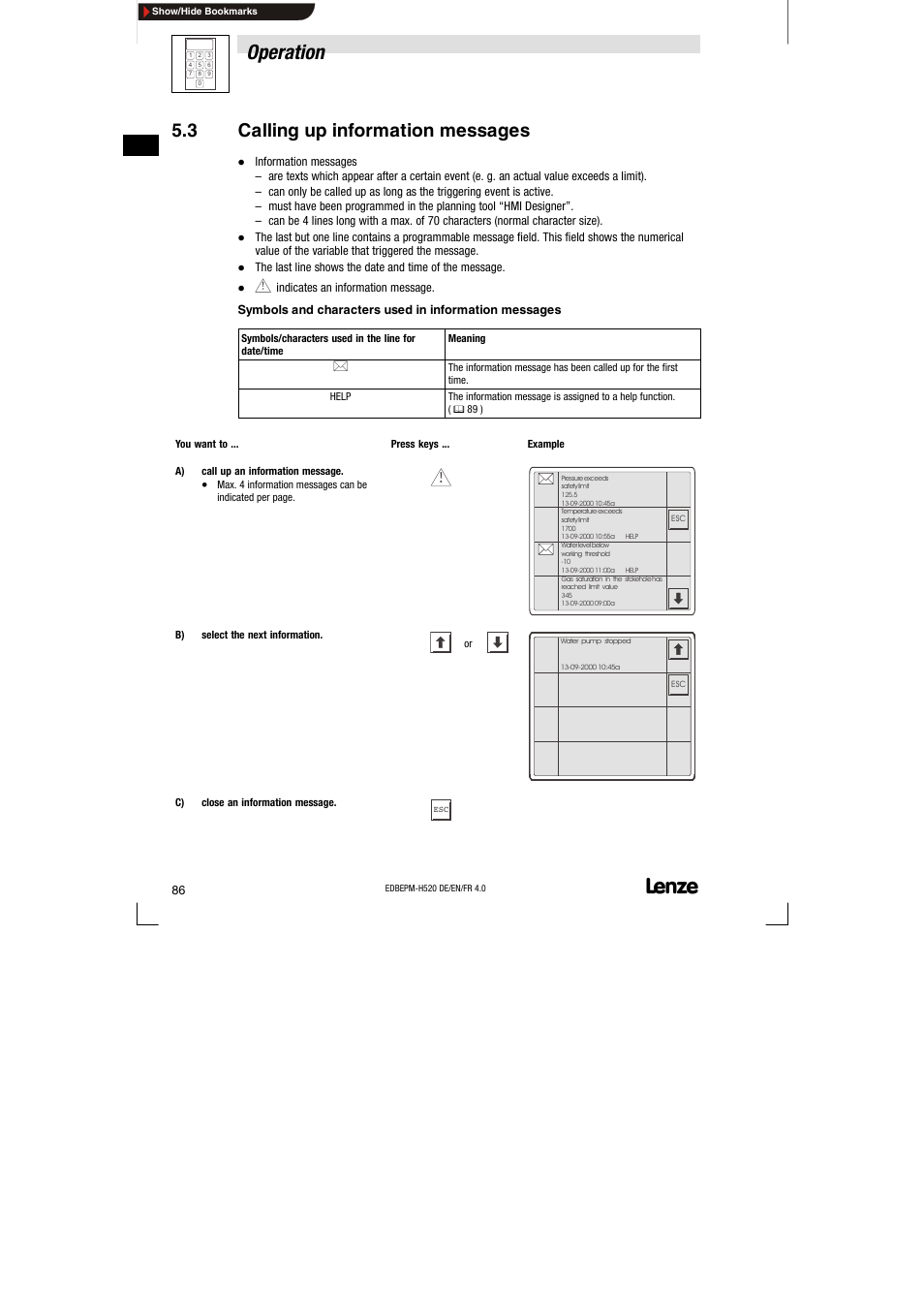 3 calling up information messages, Calling up information messages, Operation | Lenze EPM-H520 User Manual | Page 86 / 148