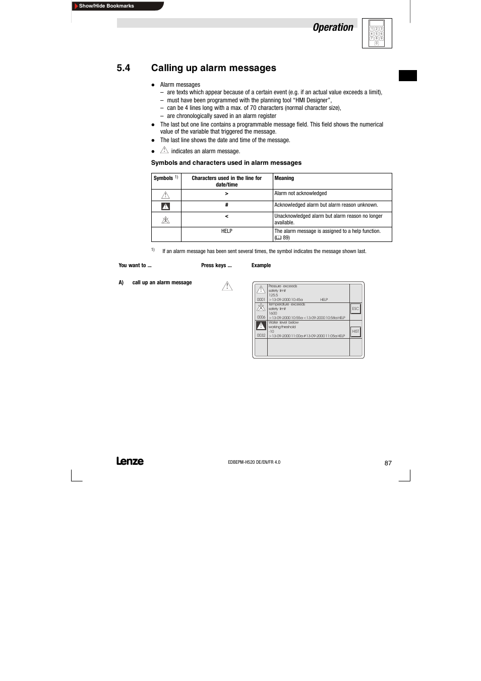 4 calling up alarm messages, Calling up alarm messages, Operation | Lenze EPM-H520 User Manual | Page 87 / 148