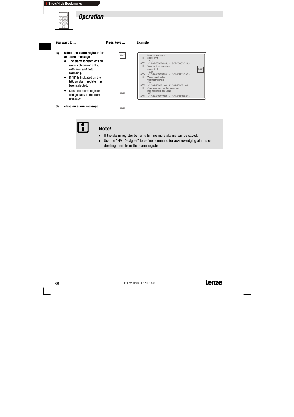 Operation | Lenze EPM-H520 User Manual | Page 88 / 148