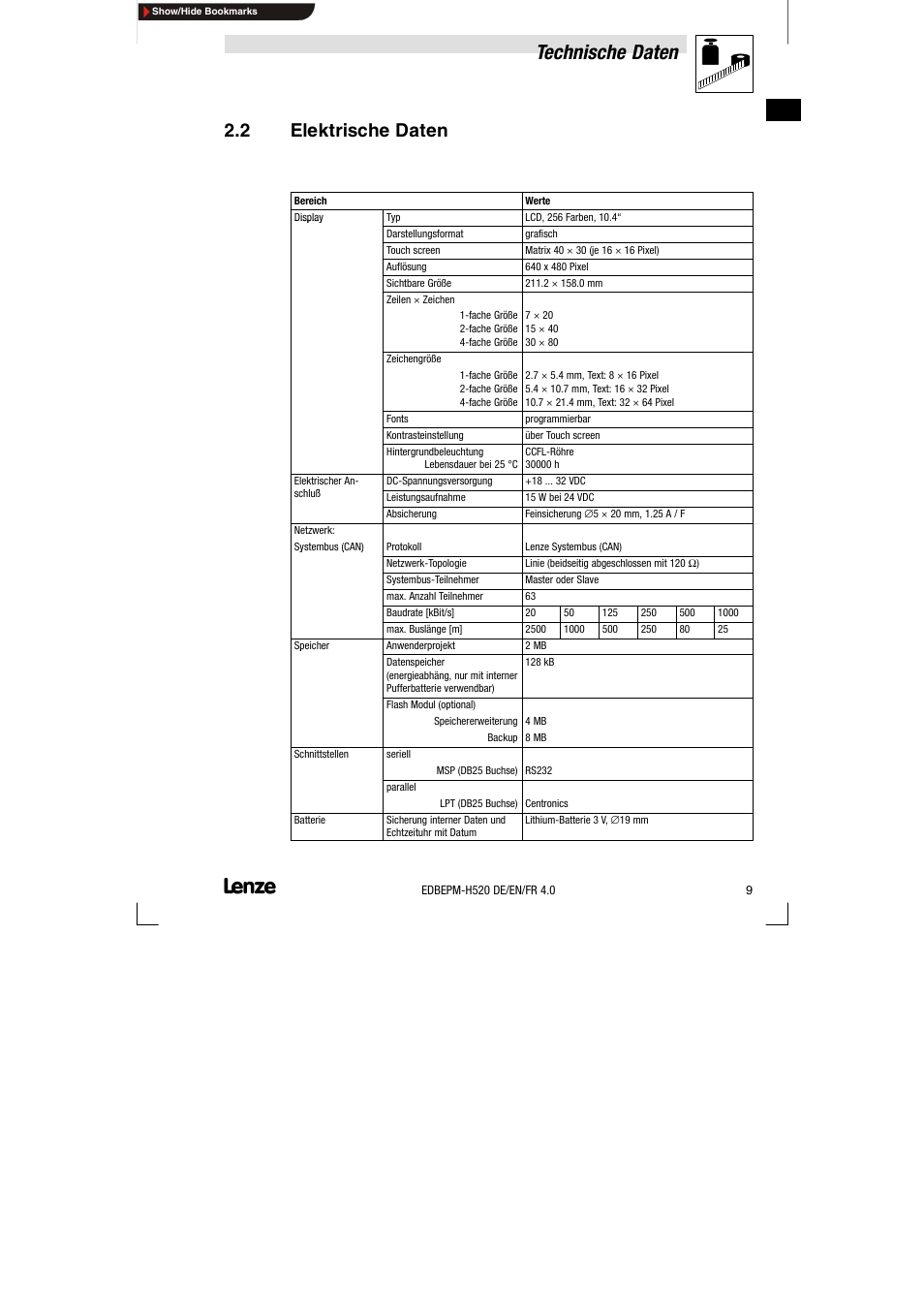 2 elektrische daten, Elektrische daten, Technische daten | Lenze EPM-H520 User Manual | Page 9 / 148