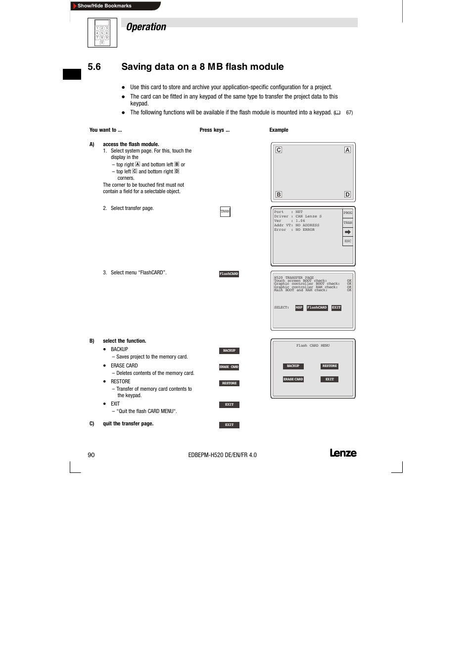 6 saving data on a 8 mb flash module, Saving data on a 8 mb flash module, Operation | Lenze EPM-H520 User Manual | Page 90 / 148