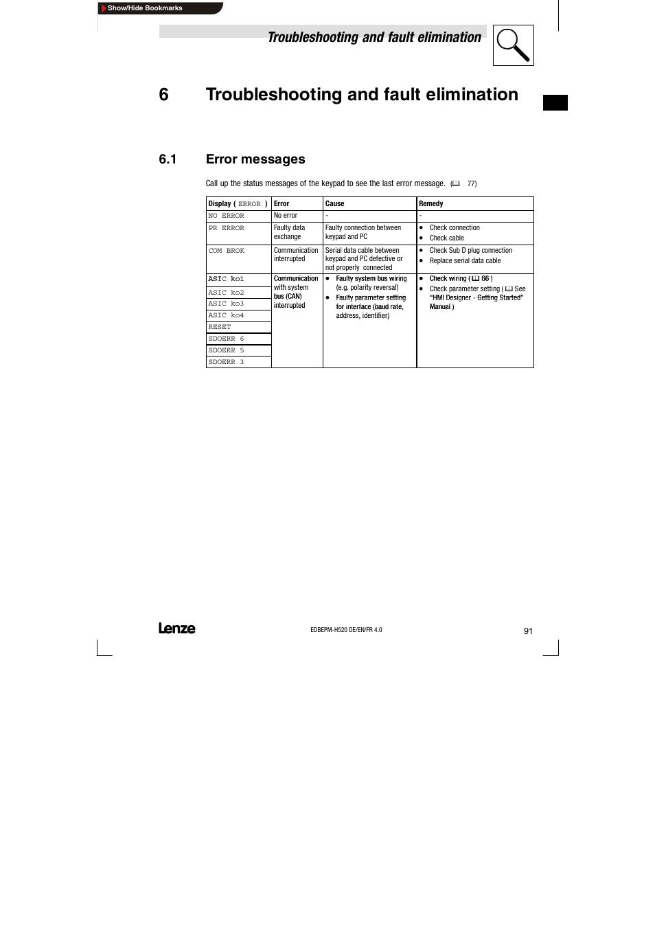 6 troubleshooting and fault elimination, 1 error messages, Error messages | 6troubleshooting and fault elimination, Troubleshooting and fault elimination | Lenze EPM-H520 User Manual | Page 91 / 148