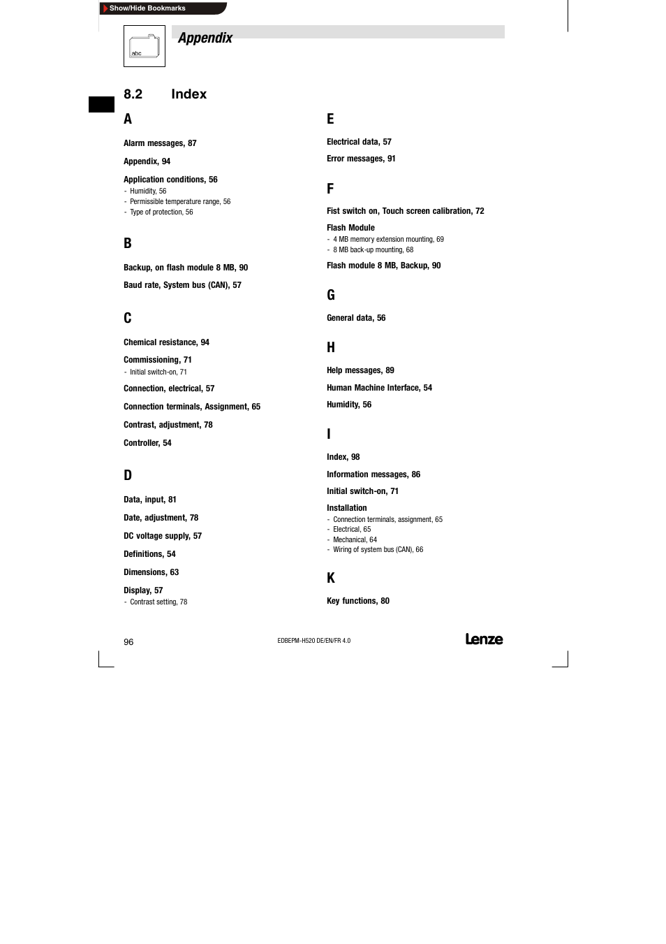 2 index, Index, Appendix | Lenze EPM-H520 User Manual | Page 96 / 148