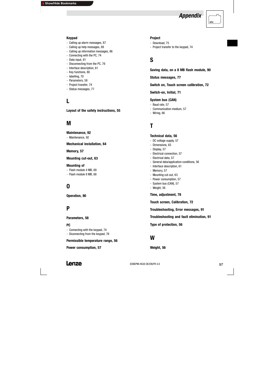 Appendix | Lenze EPM-H520 User Manual | Page 97 / 148