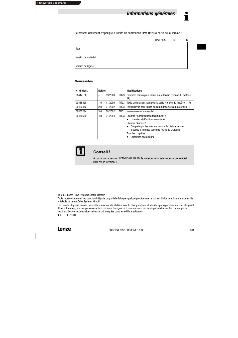 Informations générales | Lenze EPM-H520 User Manual | Page 99 / 148