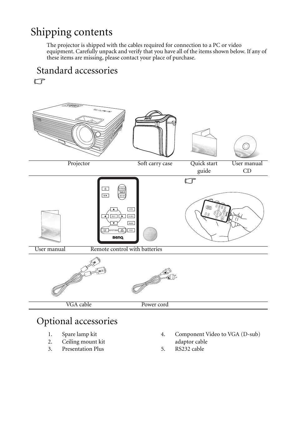 Shipping contents, Standard accessories, Optional accessories | BenQ MP611c User Manual | Page 10 / 60