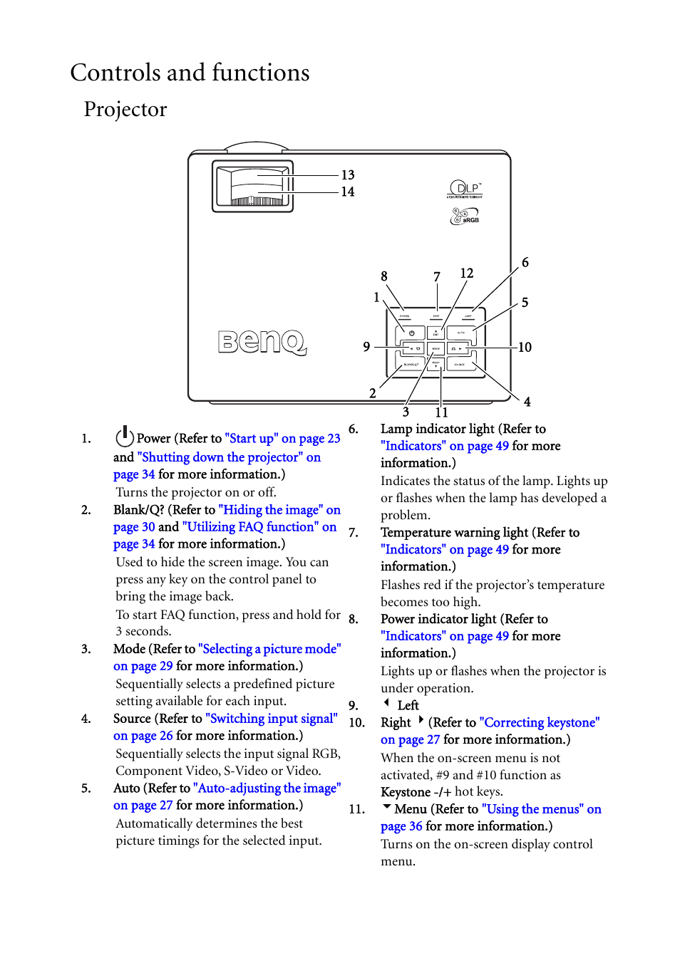 Controls and functions, Projector | BenQ MP611c User Manual | Page 12 / 60